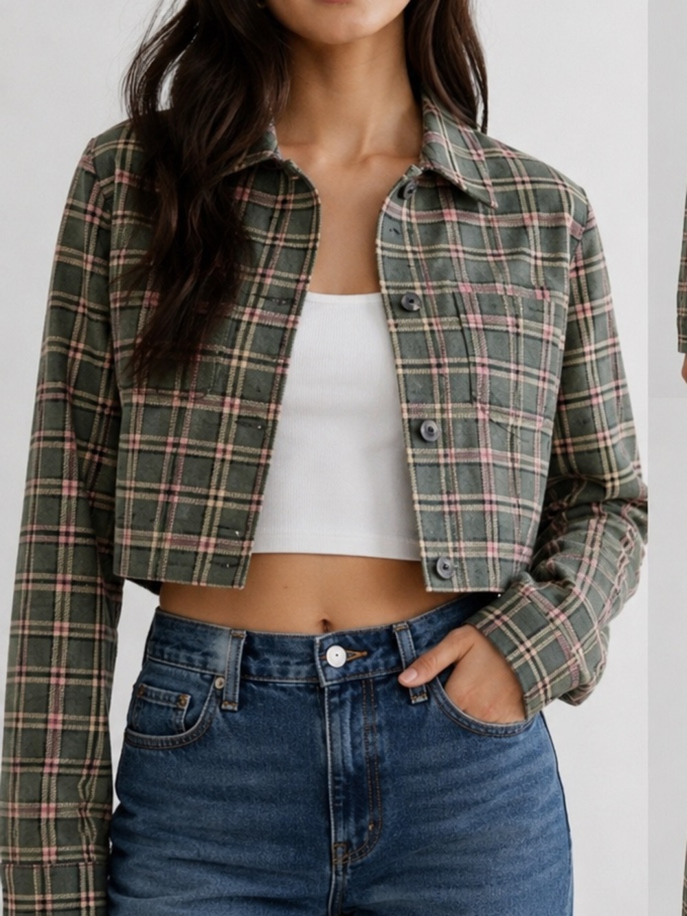 Wilfred Olive Green & Pink Plaid Cropped Jacket